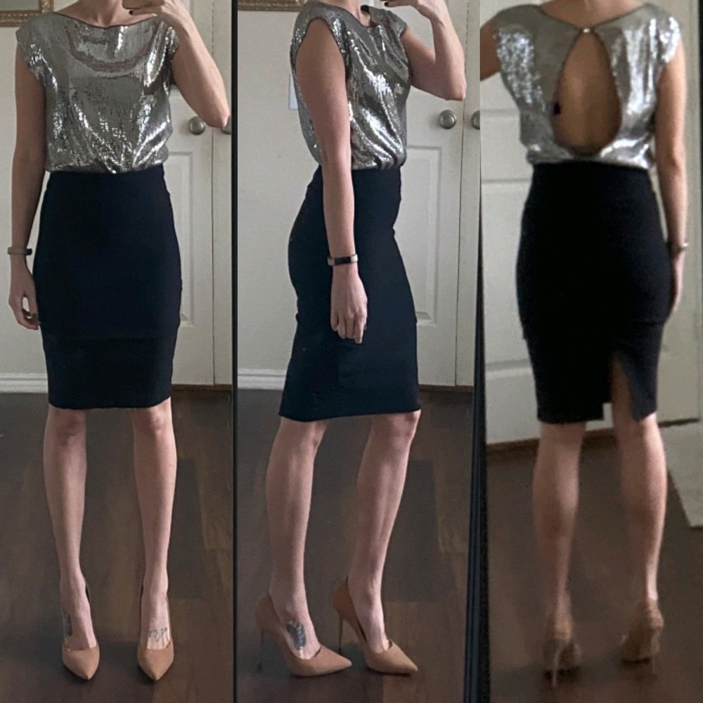 Gray silver sequin keyhole back backless top